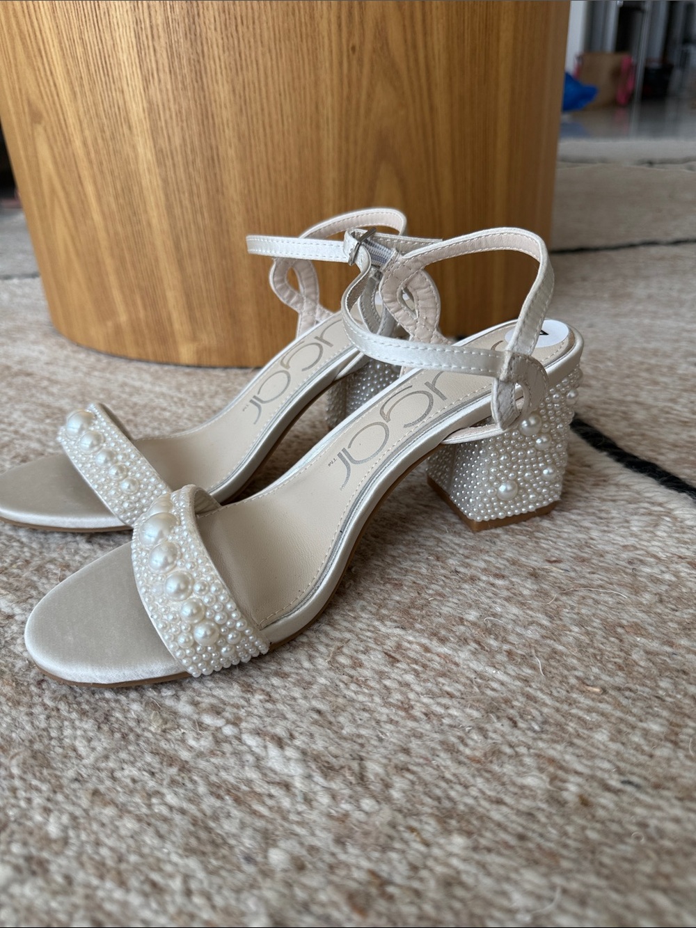 Satin pearl-embellished block heel sandals